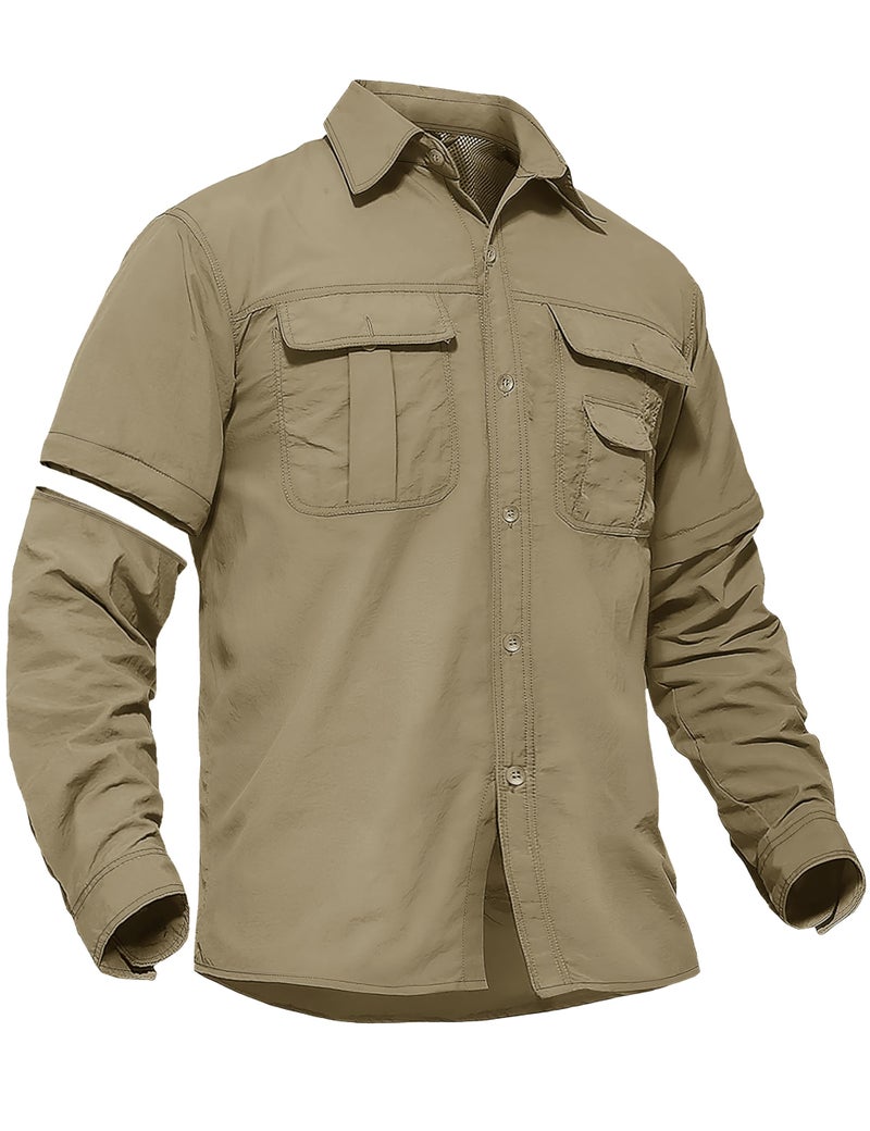 TACVASEN Men's Convertible Long Sleeve Fishing Shirts Tactical Work UV Shirts for Construction Cargo Collar Workwear Khaki, XL - Image 1